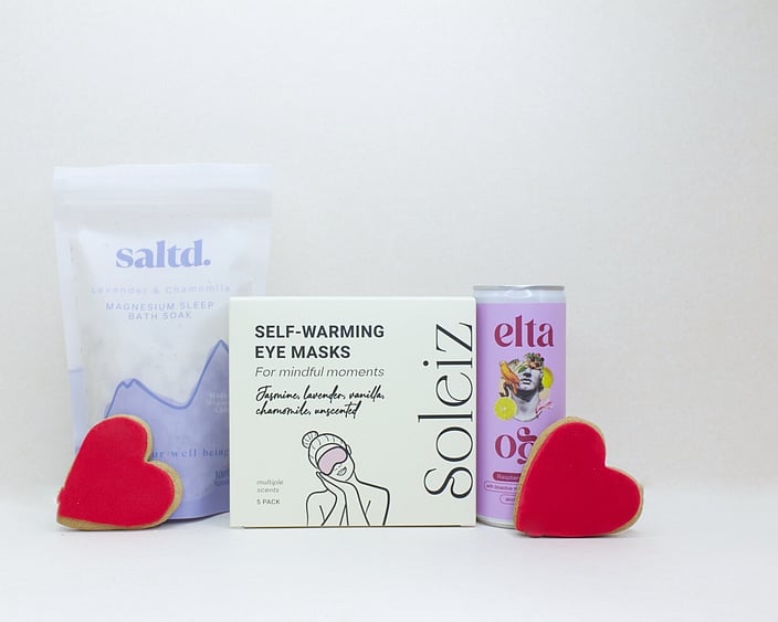 The me time gift box NZ — NZ-made self-care gift box with Saltd bath salts, Soleiz eye mask and Elta Ego cocktail