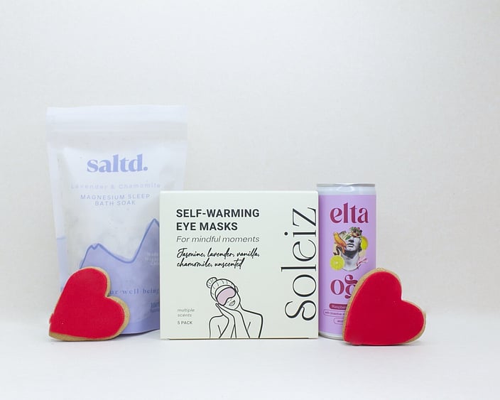 The me time gift box NZ — NZ-made self-care gift box with Saltd bath salts, Soleiz eye mask and Elta Ego cocktail