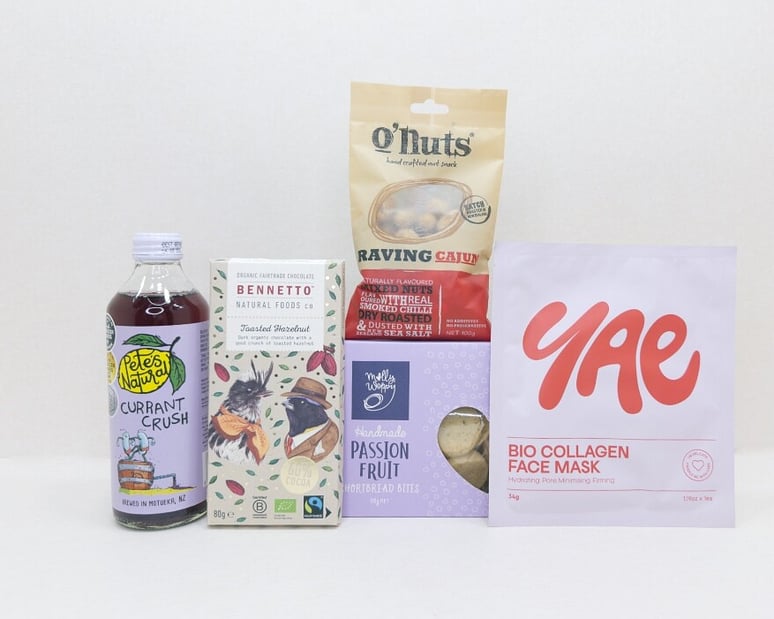 KYND Sweet Things Gift Box &mdash; NZ gift box for her under $100 with chocolate, passionfruit cookies, collagen face mask and natural drink in signature white premium gift box
