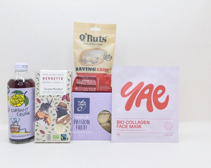 KYND Sweet Things Gift Box — NZ gift box for her under $100 with chocolate, passionfruit cookies, collagen face mask and natural drink in signature white premium gift box