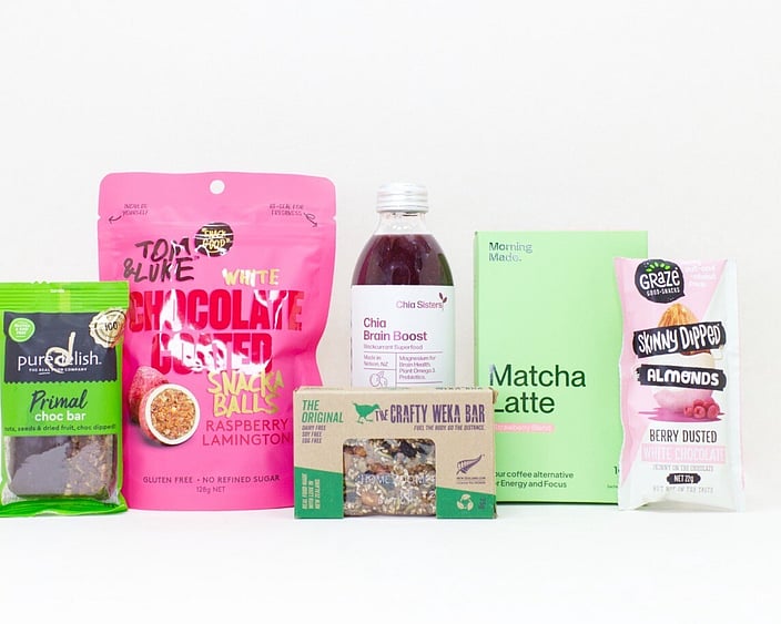 Mood Boost gift box NZ &mdash; NZ-made wellness gift box with Morning Made matcha, snack balls, muesli bar and nuts