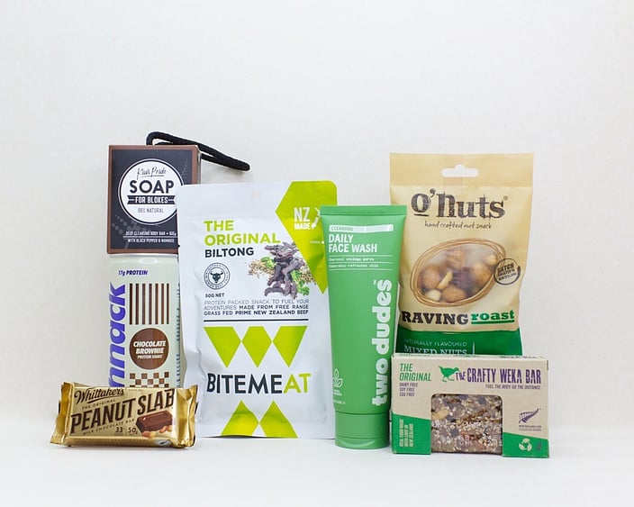 Bits and Bobs gift box NZ &mdash; NZ-made gift box for him with face wash, protein drink, artisan soap and muesli bar