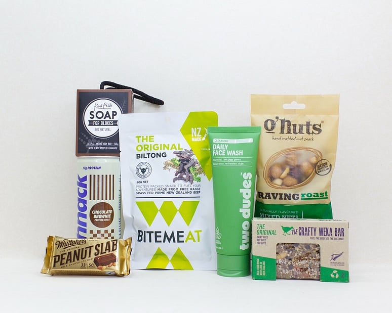 Bits and Bobs gift box NZ &mdash; NZ-made gift box for him with face wash, protein drink, artisan soap and muesli bar