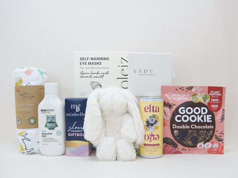 Mum and Baby gift box NZ &mdash; NZ-made gift box with Lily & George teddy, baby wrap, Miabelle shower steamers and Oan Dae wish kit