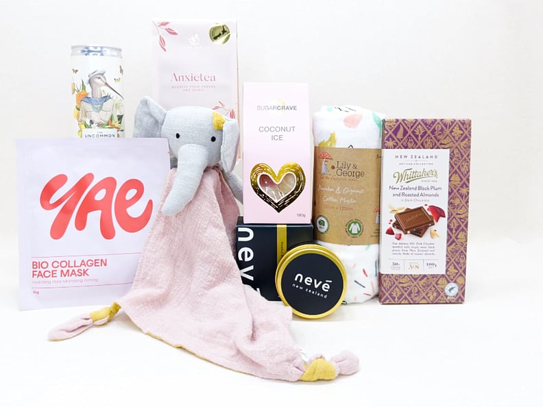 Celebrate the New Mum gift box NZ &mdash; NZ-made gift box with Anxietea, coconut ice, baby wrap and candle