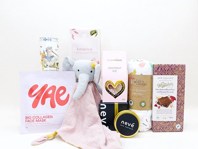 Celebrate the New Mum gift box NZ &mdash; NZ-made gift box with Anxietea, coconut ice, baby wrap and candle