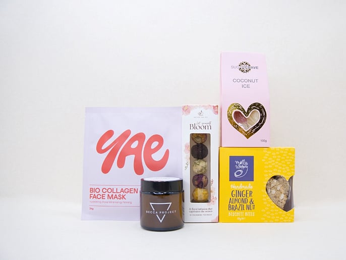 Blooming Tea gift box NZ &mdash; NZ-made tea gift box with herbal tea, coconut ice, biscotti and face mask