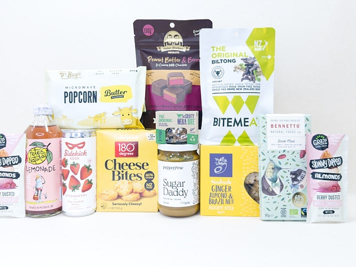 KYND Great NZ Snack Box — NZ snack gift box with popcorn, jerky, chocolate, biscuits, almonds and artisan snacks in signature white premium gift box