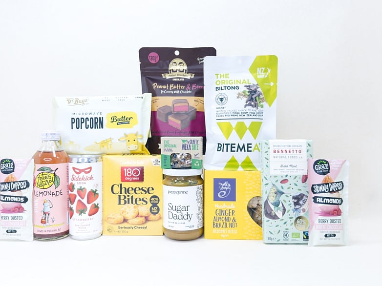 KYND Great NZ Snack Box &mdash; NZ snack gift box with popcorn, jerky, chocolate, biscuits, almonds and artisan snacks in signature white premium gift box