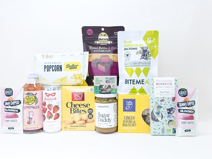 KYND Great NZ Snack Box — NZ snack gift box with popcorn, jerky, chocolate, biscuits, almonds and artisan snacks in signature white premium gift box