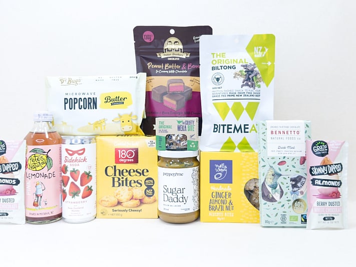 KYND Great NZ Snack Box &mdash; NZ snack gift box with popcorn, jerky, chocolate, biscuits, almonds and artisan snacks in signature white premium gift box