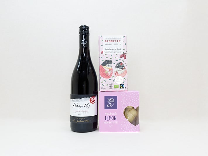 KYND Wine and Chocolate Gift Box — NZ wine gift box with Roaring Meg red wine, Bennetto dark raspberry chocolate and Molly Woppy melting moments in signature white premium gift box