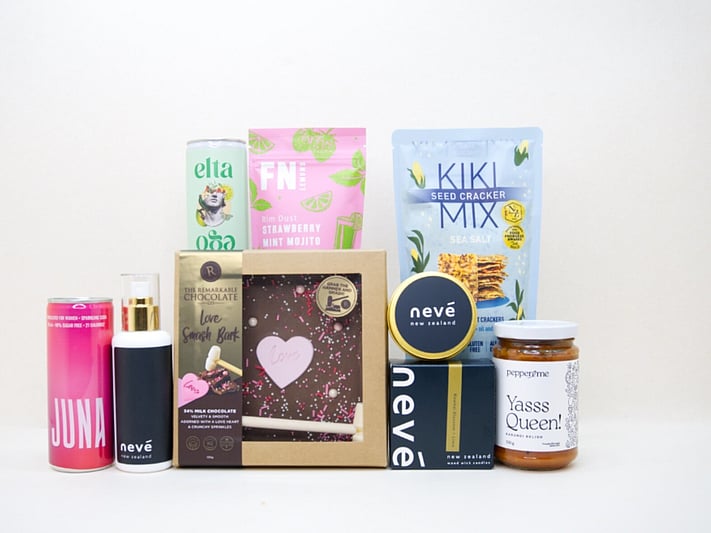 Just For Her gift box with gourmet crackers, artisan chocolate, room spray, skincare, dried citrus, and premium New Zealand-made treats, beautifully packaged for gifting.