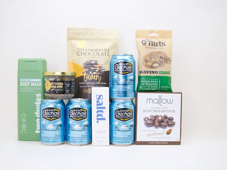 The Big Beer gift box NZ &mdash; premium NZ-made gift box for him with craft beer, BBQ rub, Saltd bath salts, almonds and chocolate