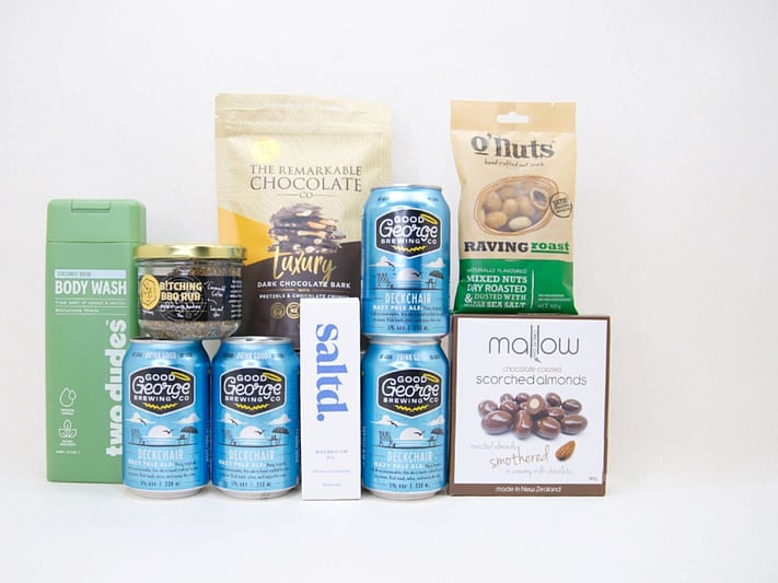 The Big Beer gift box NZ — premium NZ-made gift box for him with craft beer, BBQ rub, Saltd bath salts, almonds and chocolate