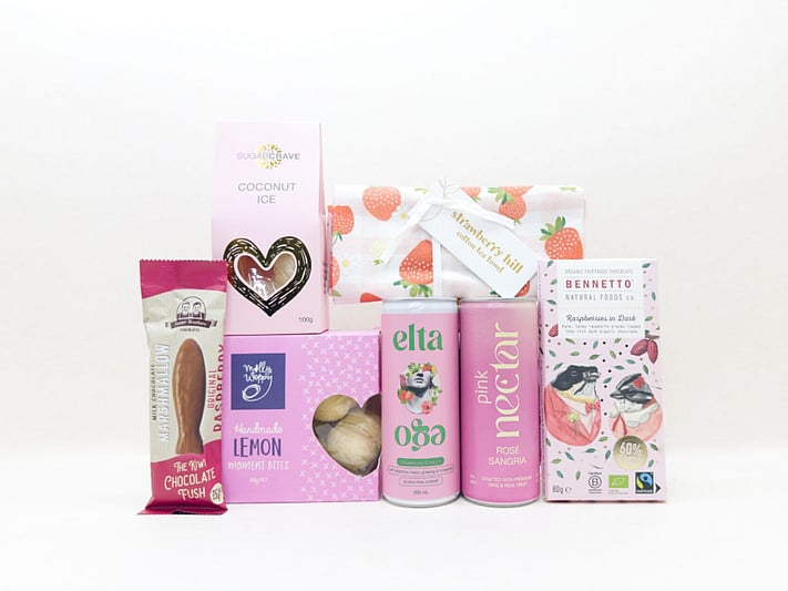 Pretty in Pink gift box NZ — NZ-made gift box with sangria, chocolate fish, Bennetto chocolate and tea towel