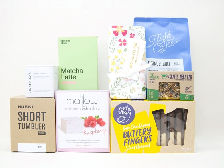 Morning Tea gift box NZ &mdash; NZ-made gift box with Flight coffee, Huski tumbler, On Sunday tea and artisan cookies