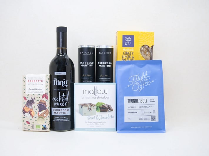 Coffee All Day Gift Box featuring Flight Coffee, Molly Woppy biscotti, Batched Espresso Martini chocolate, Fling Espresso Martini, and Bennetto chocolate in a premium KYND gift box.
