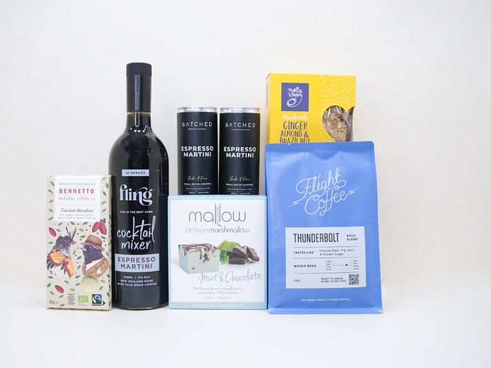 Coffee All Day gift box NZ — NZ-made coffee gift box with espresso martini, Flight coffee and artisan chocolate