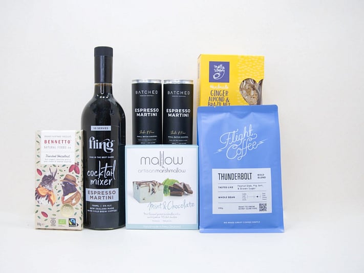 Coffee All Day Gift Box featuring Flight Coffee, Molly Woppy biscotti, Batched Espresso Martini chocolate, Fling Espresso Martini, and Bennetto chocolate in a premium KYND gift box.