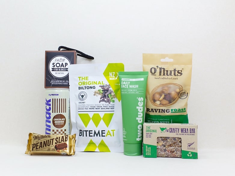 Bits and Bobs gift box NZ &mdash; NZ-made gift box for him with face wash, protein drink, artisan soap and muesli bar