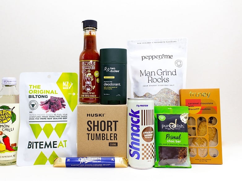 For the Guys gift box NZ &mdash; NZ-made gift box for him with protein drink, Huski cup, BBQ sauce and Pepper & Me relish