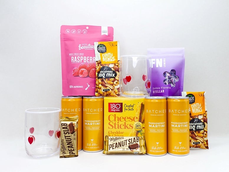 Cheers to You gift box NZ — NZ-made cocktail gift box with espresso martini, Homelab glass, dried fruit and peanut slab