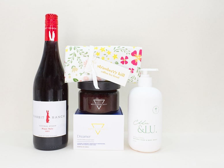 A Moment for You gift box NZ — NZ-made gift box with Rabbit Ranch wine, Becca Project candle, Eddie & Lu hand wash and tea towel