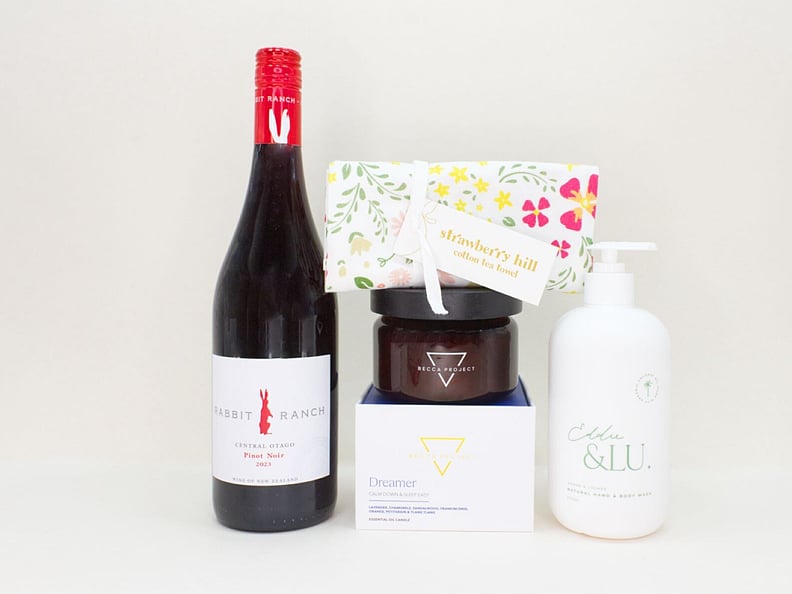 A Moment for You gift box NZ &mdash; NZ-made gift box with Rabbit Ranch wine, Becca Project candle, Eddie & Lu hand wash and tea towel