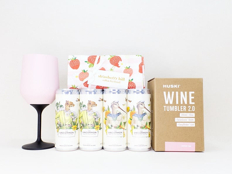 Pretty Wine gift box NZ &mdash; premium NZ-made gifts including Uncommon wine cans, Huski wine tumbler and Strawberry Hill tea towel
