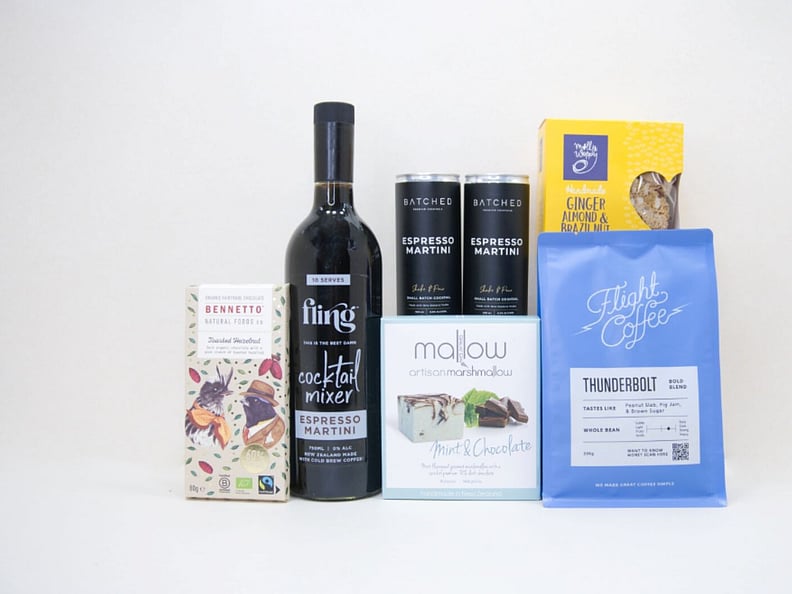 Coffee All Day gift box NZ &mdash; premium NZ-made gifts including Flight coffee, Fling martini mix and Bennetto chocolate
