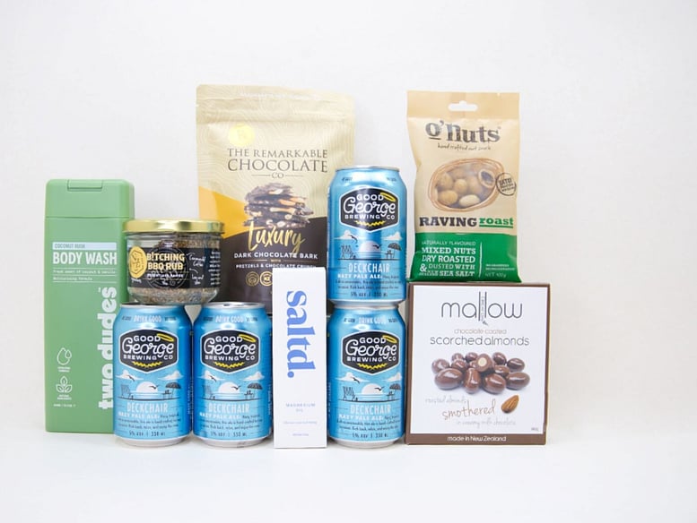 The Big Beer gift box NZ — premium NZ-made gift box for him with craft beer, BBQ rub, Saltd bath salts, almonds and chocolate