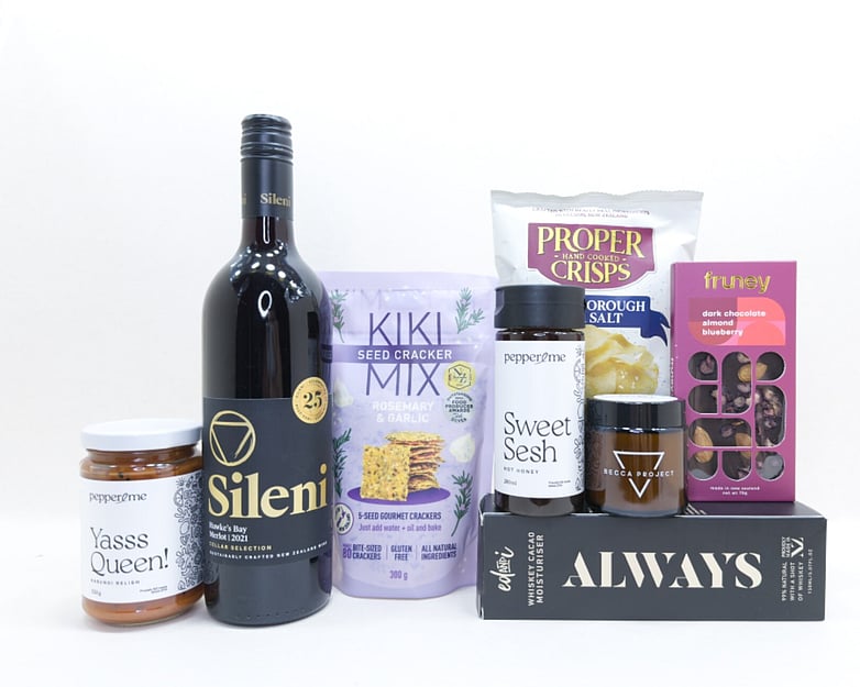 Luxury Red Wine Hamper NZ &mdash; premium NZ-made wine hamper with red wine, artisan chocolate, chips and Becca Project candle