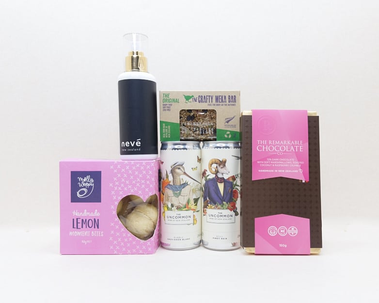 You Deserve This gift box NZ &mdash; NZ-made gift box with Remarkables chocolate, Uncommon wine, Nev&eacute; room spray and cookies
