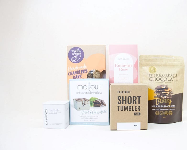 Tea Lover gift box NZ &mdash; premium NZ-made gifts including Huski tumbler, On Sunday tea and Molly Woppy cookies