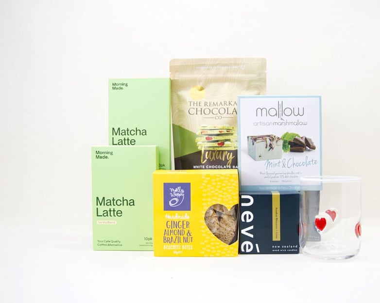 Matcha gift box NZ &mdash; NZ-made gift box with Morning Made matcha, Nev&eacute; candle, Homelab glass and artisan chocolate