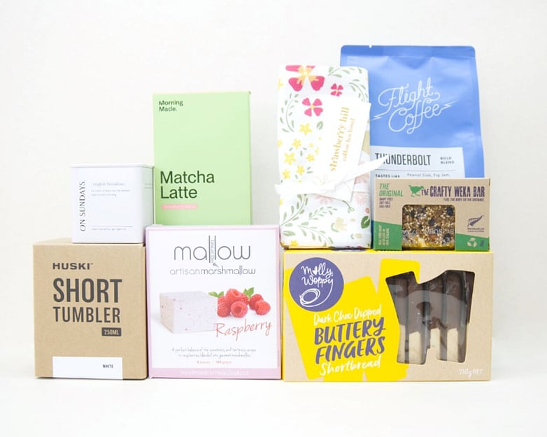Morning Tea gift box NZ &mdash; NZ-made gift box with Flight coffee, Huski tumbler, On Sunday tea and artisan cookies