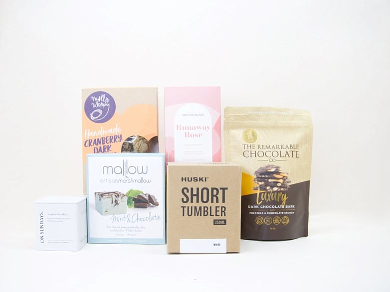 Tea Lover gift box NZ &mdash; premium NZ-made gifts including Huski tumbler, On Sunday tea and Molly Woppy cookies