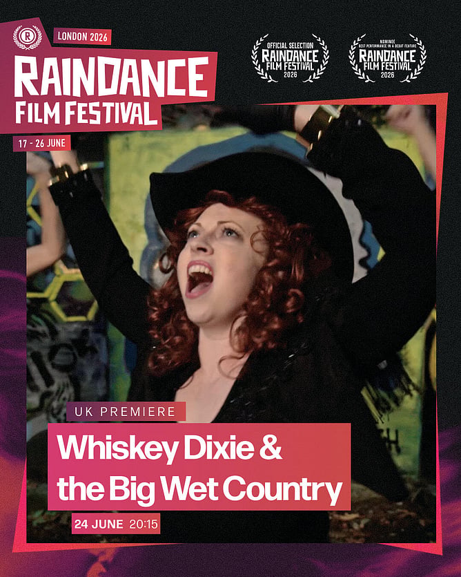 Poster for 'WHISKEY DIXIE AND THE BIG WET COUNTRY', Amanda Richards’ debut musical comedy, world premiering at Raindance Film Festival 2026.