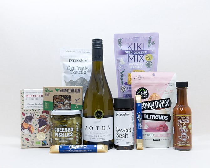 The food & wine hamper — premium NZ-made treats and aotea sauvignon blanc, kikki crackers, chocolate, pickels and treats - delivered nz wide