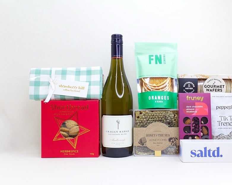 Corporate Hamper NZ &mdash; premium NZ-made corporate gift hamper with Craggy Range wine, shortbread, honeycomb and Saltd magnesium