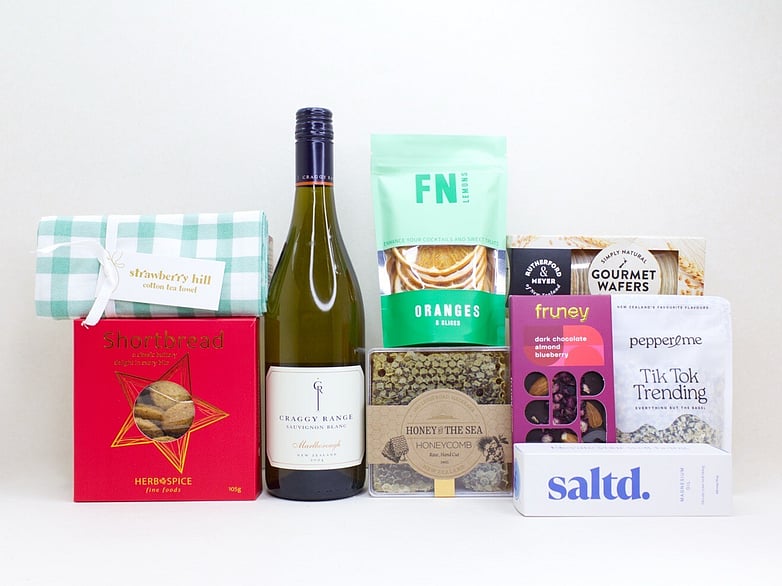 Corporate Hamper NZ &mdash; premium NZ-made corporate gift hamper with Craggy Range wine, shortbread, honeycomb and Saltd magnesium