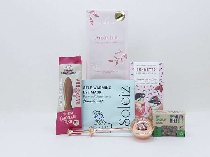Keep calm gift box nz - nz made anxietea tea, eye mask, chocolate, weka muesli bar and chcocolate fish - delivered nationwide