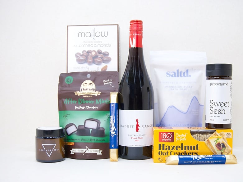 After Dinner Mint gift box NZ &mdash; NZ-made gift box with red wine, chocolate, candle and bath salts