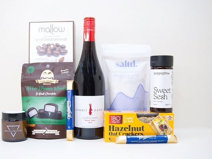 After Dinner Mint gift box NZ — NZ-made gift box with red wine, chocolate, candle and bath salts