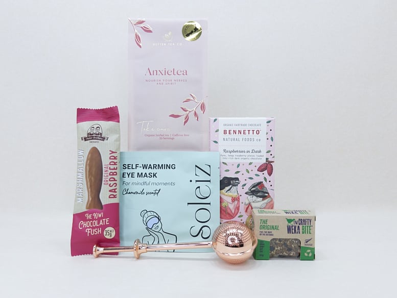 Keep calm gift box nz - nz made anxietea tea, eye mask, chocolate, weka muesli bar and chcocolate fish - delivered nationwide