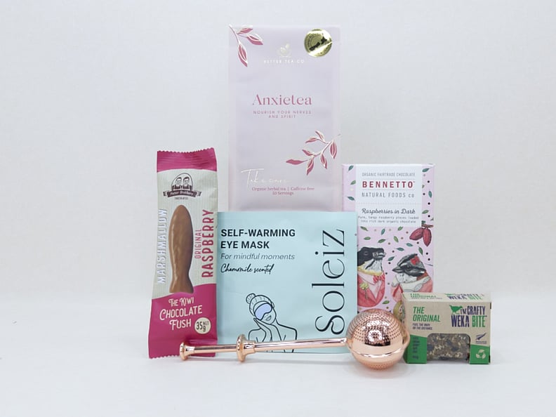 Keep calm gift box nz - nz made anxietea tea, eye mask, chocolate, weka muesli bar and chcocolate fish - delivered nationwide