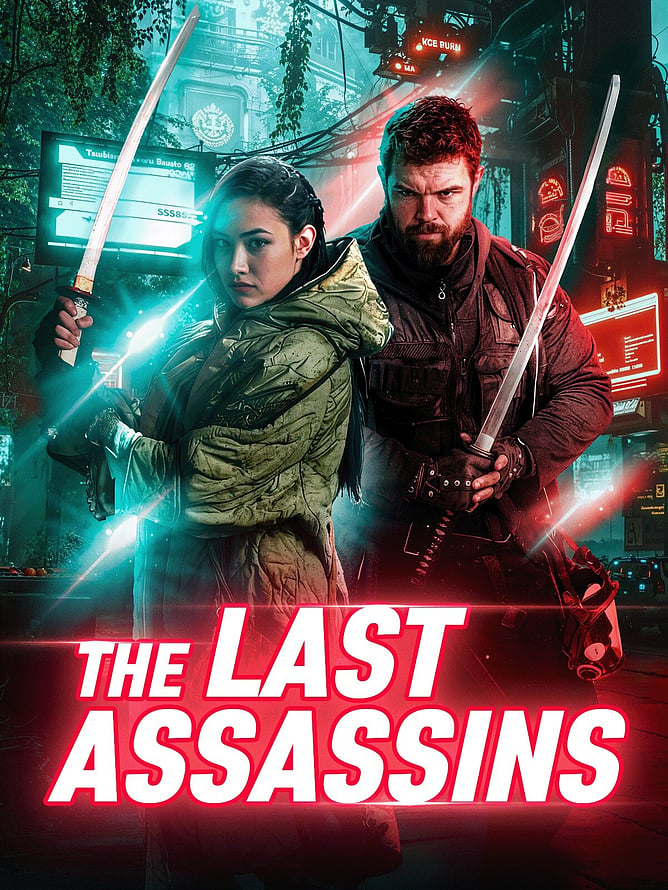 Poster for 'THE LAST ASSASSINS', a 2026 cyberpunk sci-fi action-adventure thriller from James Anthony Usas, released on digital from 6 July via Seven Tales.