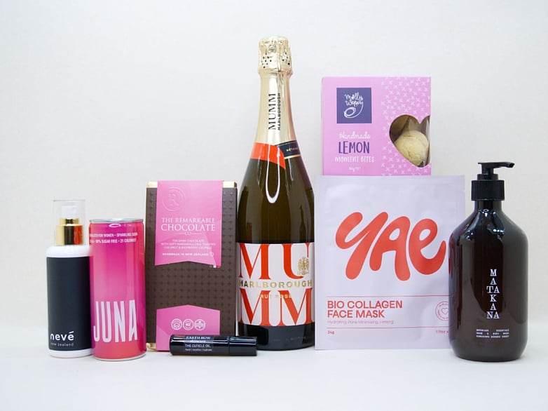 Pink Celebration gift box NZ &mdash; NZ-made gift box with sparkling wine, face mask, chocolate and wellness treats