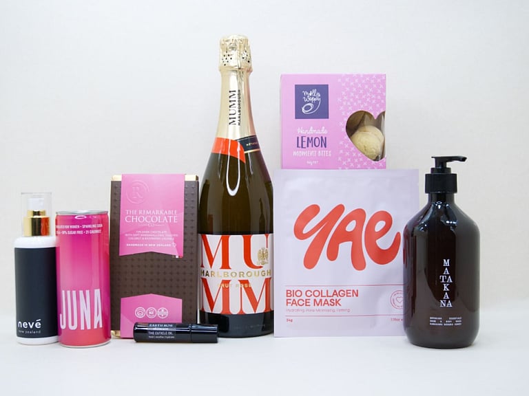 Pink Celebration gift box NZ — NZ-made gift box with sparkling wine, face mask, chocolate and wellness treats